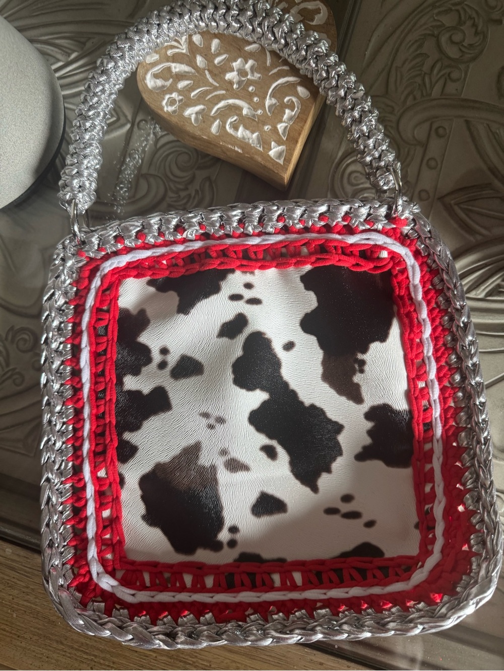 Bonita Bolso cowhide-Print Square Bag with Silver Crochet Handle - by Yvonne